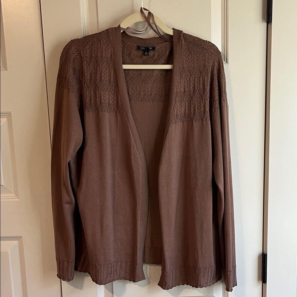Lety & Me Leana Pointelle Detail Cardigan, Brown, XL - Picture 5 of 8